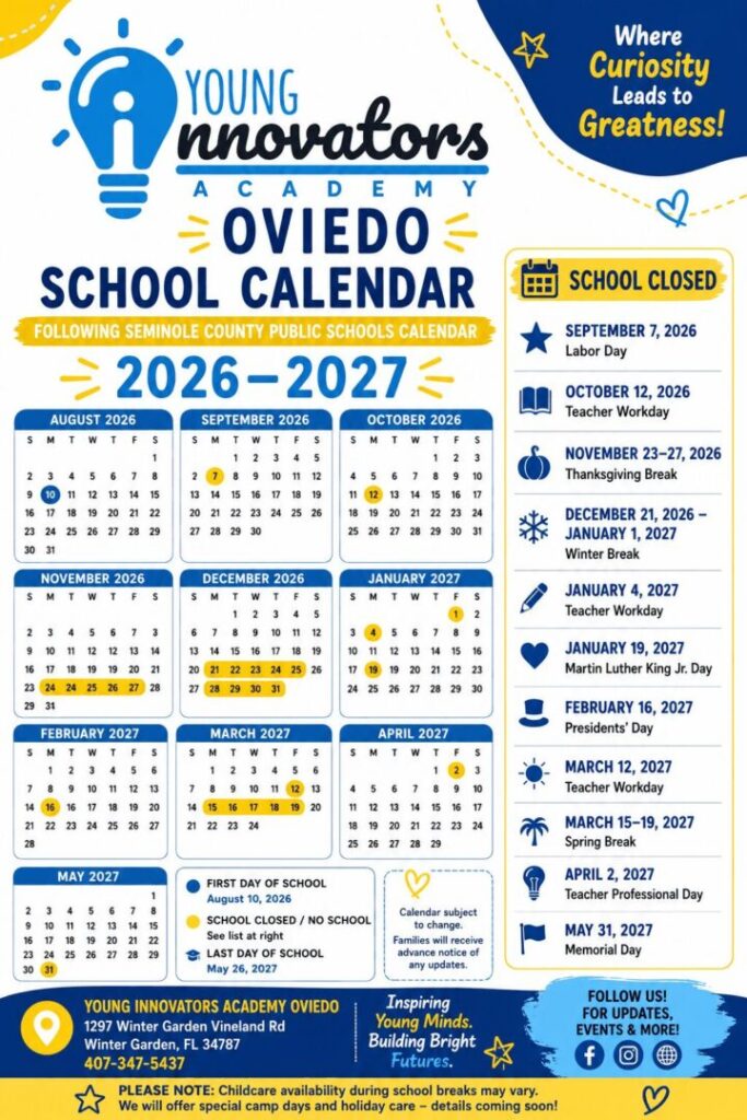 Poster for Young Innovators Academy Oviedo School Calendar 2026–2027 with monthly calendars and key dates list on the side.
