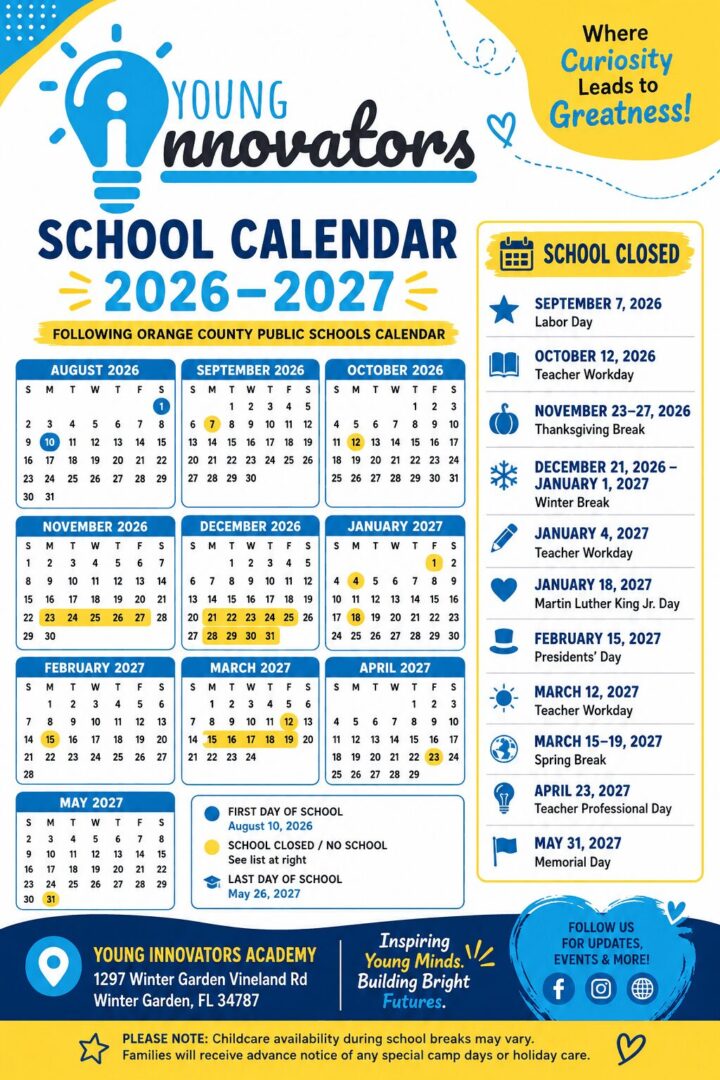 School calendar poster for 2026–2027 with monthly calendars and a list of school holidays and events on the right side (Young Innovators).